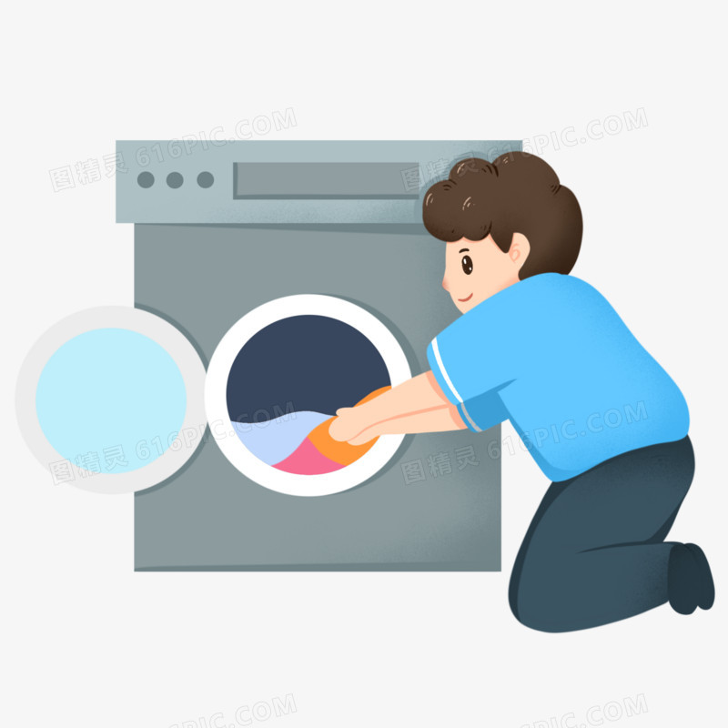 卡通手绘男孩用洗衣机洗衣服免抠素材