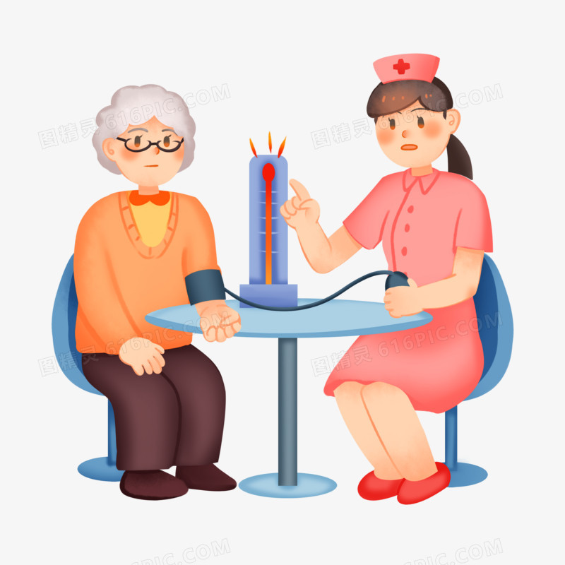 手绘卡通护士叮嘱老年人高血压病免抠素材