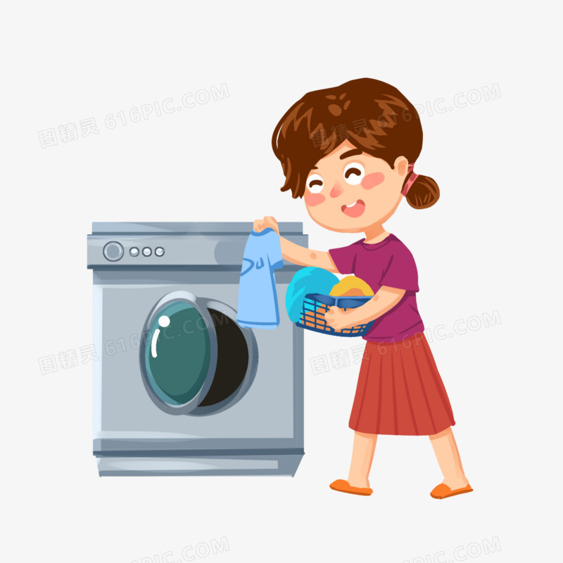 手绘妈妈用洗衣机洗衣服免抠元素
