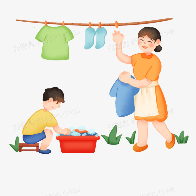 手绘卡通妈妈晾衣服小孩洗衣服免抠素材