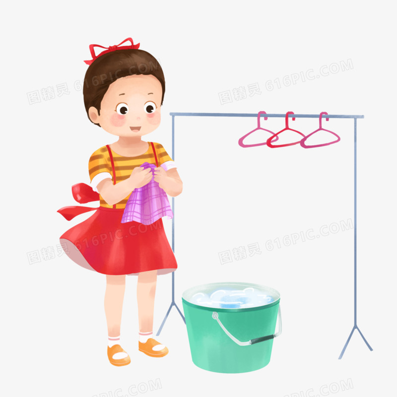 卡通可爱洗衣服晾衣服的小女孩免抠元素