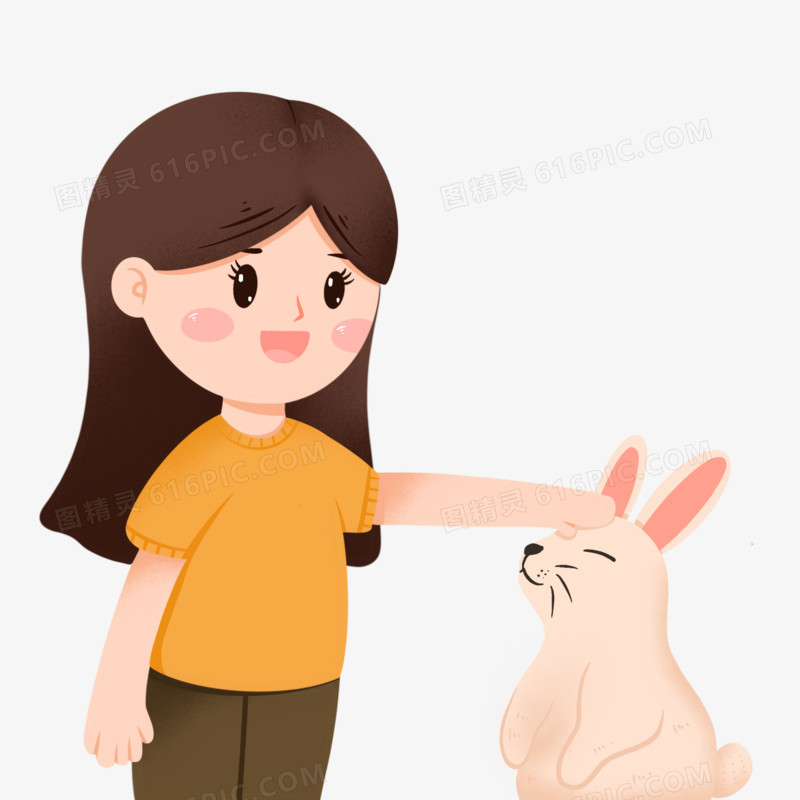 卡通手绘女孩摸小兔子头元素