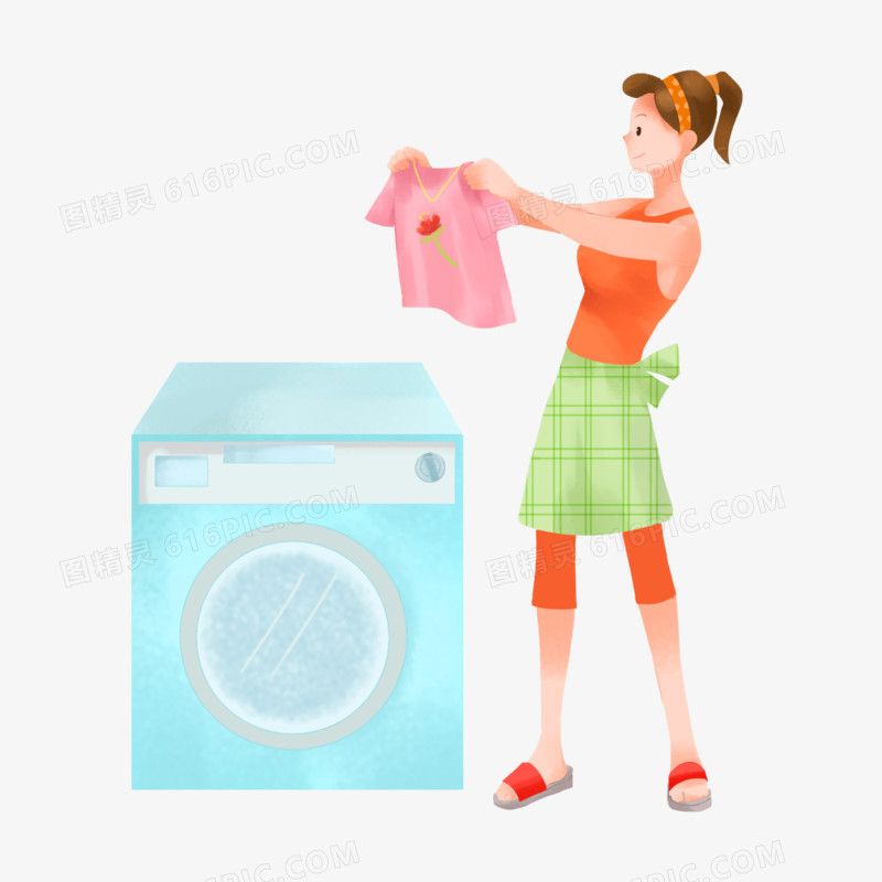 卡通手绘妈妈从洗衣机拿出衣服免抠元素