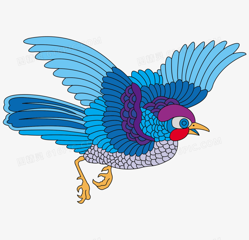 矢量漂亮蓝色羽毛传统绘画飞鸟