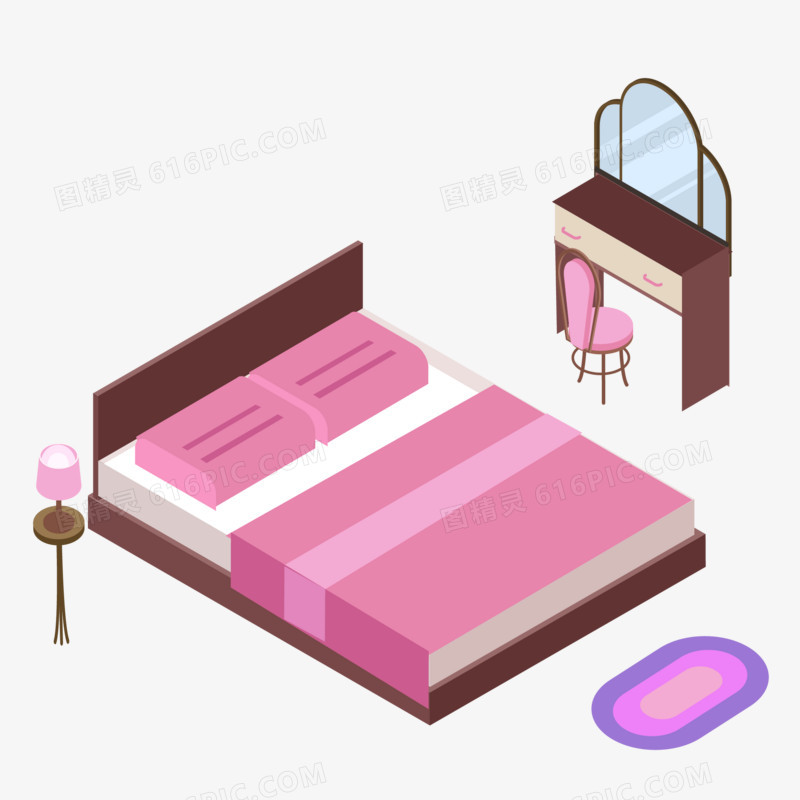 手绘紫色卡通卧室素材