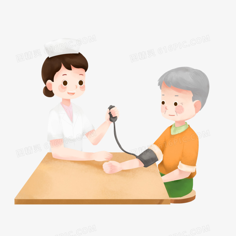 卡通手绘护士给老人测血压元素