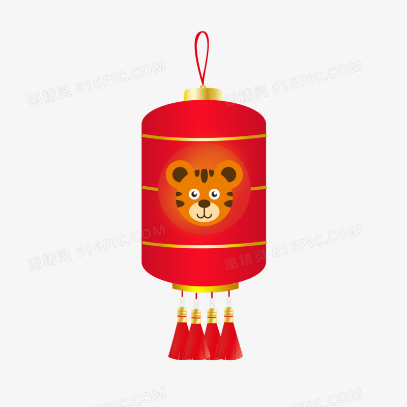 手绘卡通红色中国虎灯笼素材