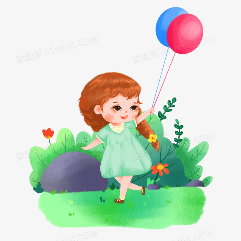 卡通手绘拿着气球的小女孩免抠元素