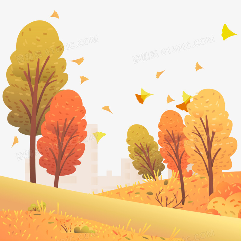手绘卡通秋季落叶风景素材
