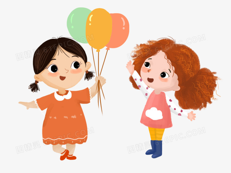 卡通手绘小姑娘们一起玩气球免抠元素
