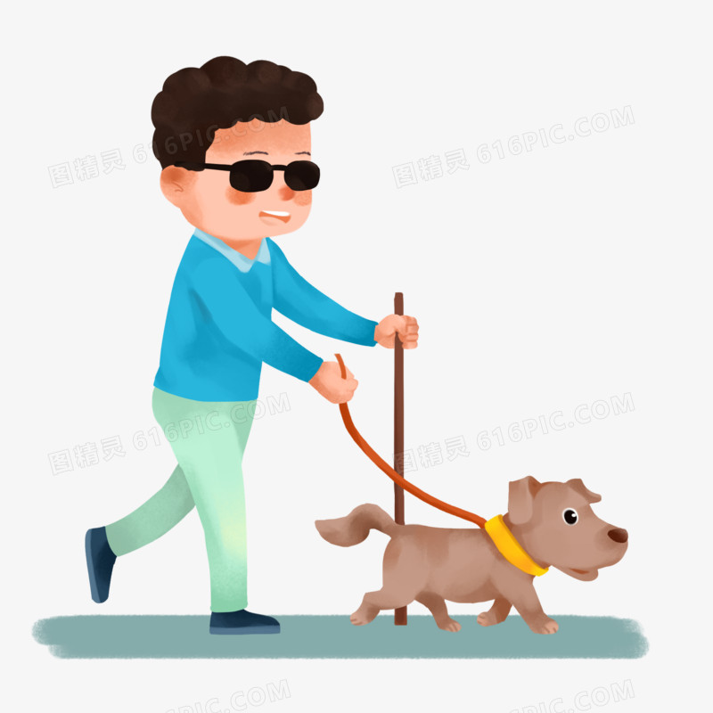 卡通手绘导盲犬带盲人走路场景元素