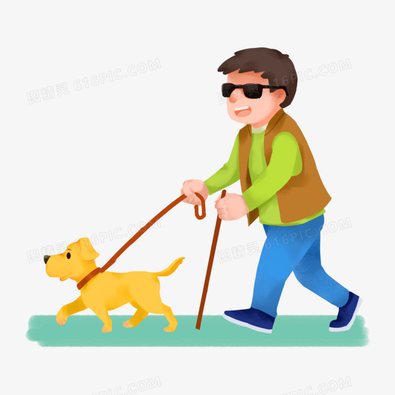 卡通手绘盲人牵着导盲犬走路免抠元素