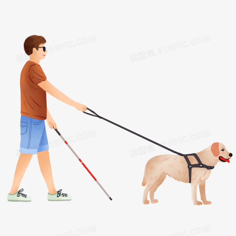 手绘插画风盲人与导盲犬免抠元素