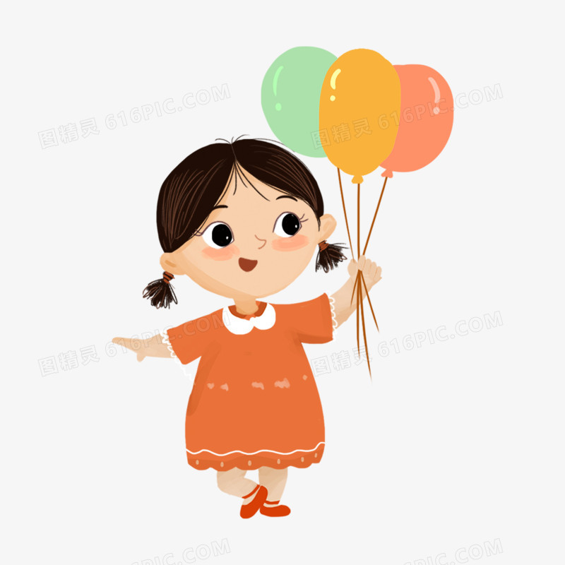 卡通手绘小女孩拿着玩气球免抠元素