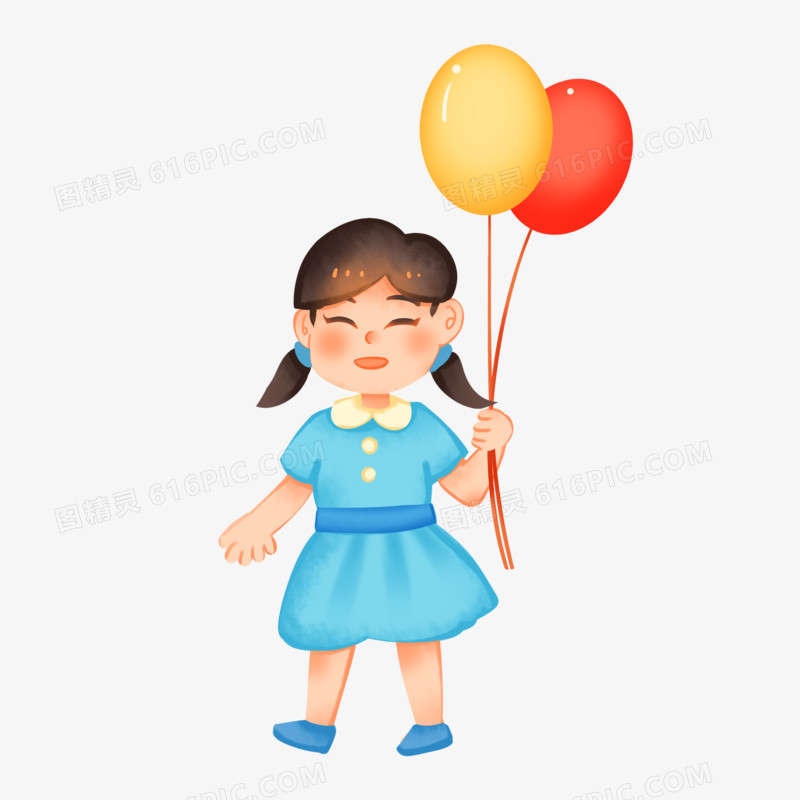 卡通手绘女孩拿着气球免抠元素