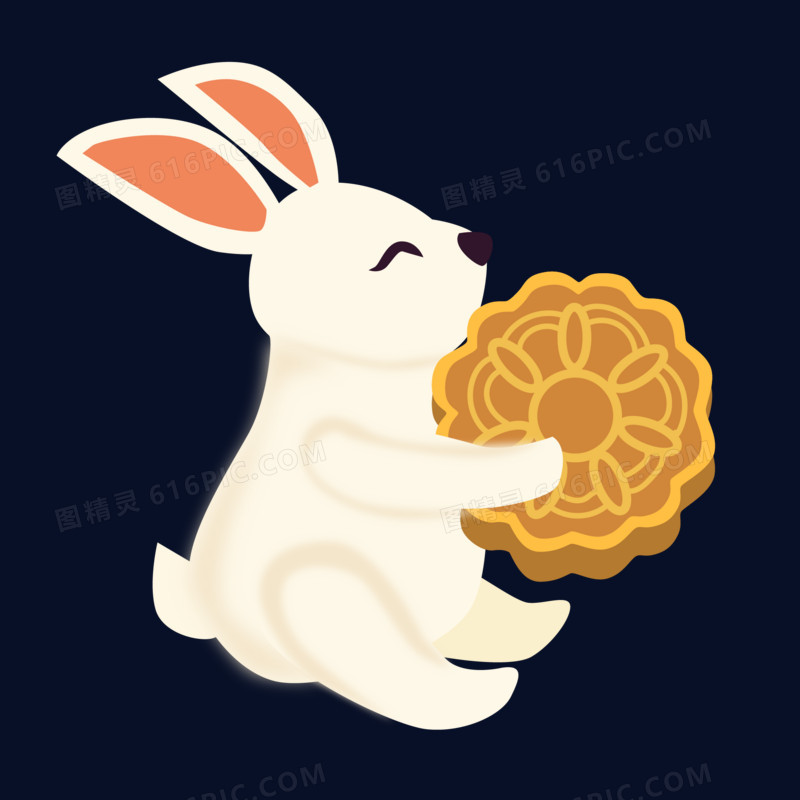 手绘卡通抱着月饼的玉兔免抠元素
