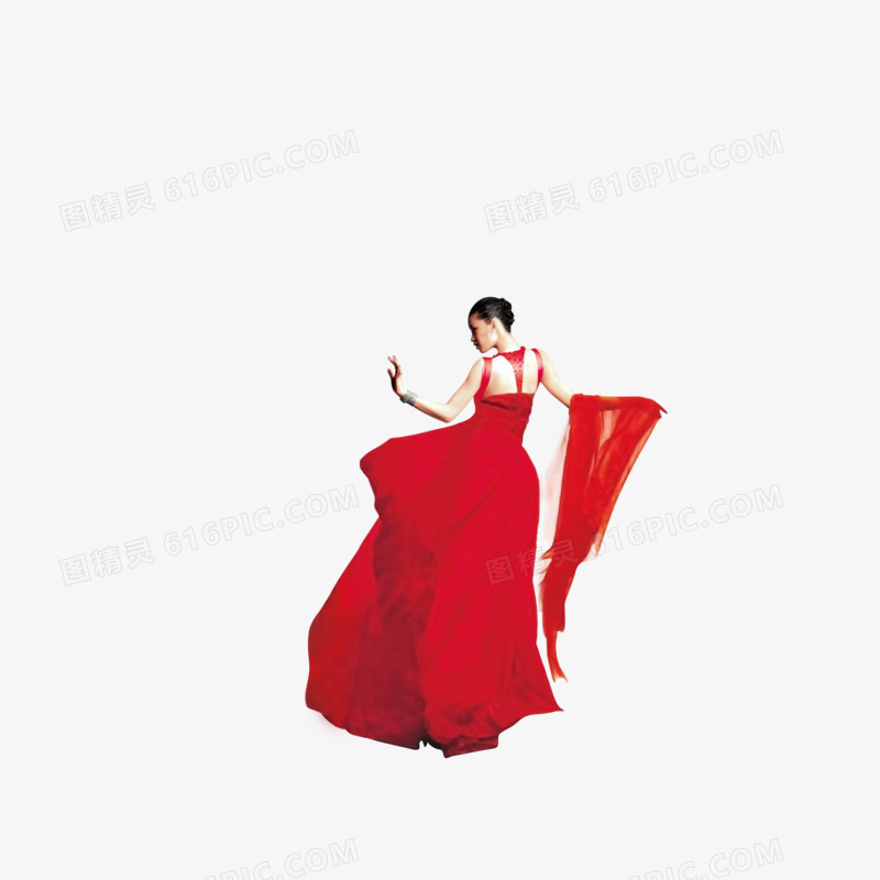 红色礼服女人背影