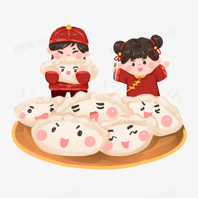 卡通手绘吃饺子插画素材