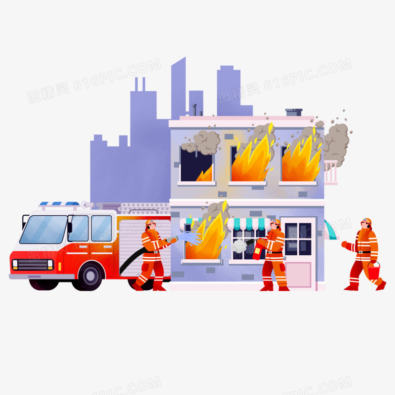 手绘卡通消防员救火场景元素