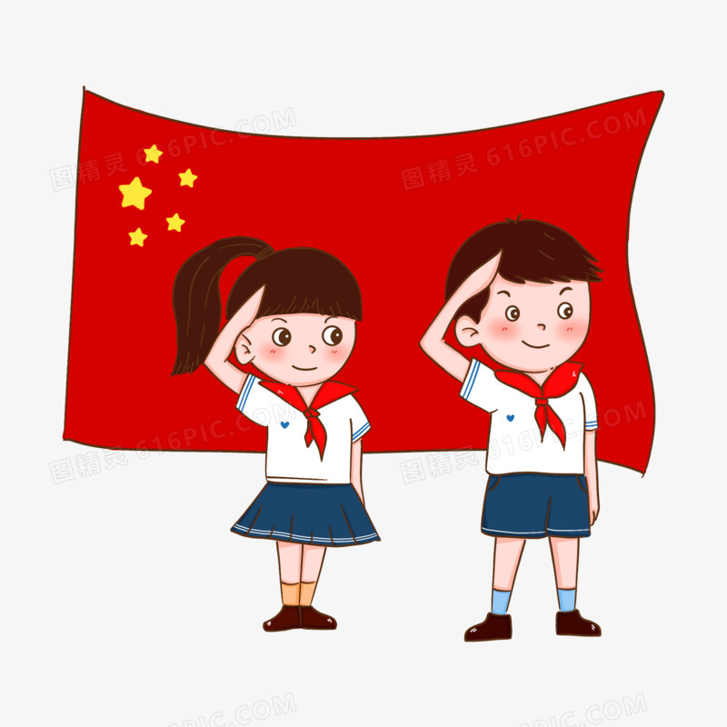 卡通手绘学生穿校服戴红领巾敬礼元素