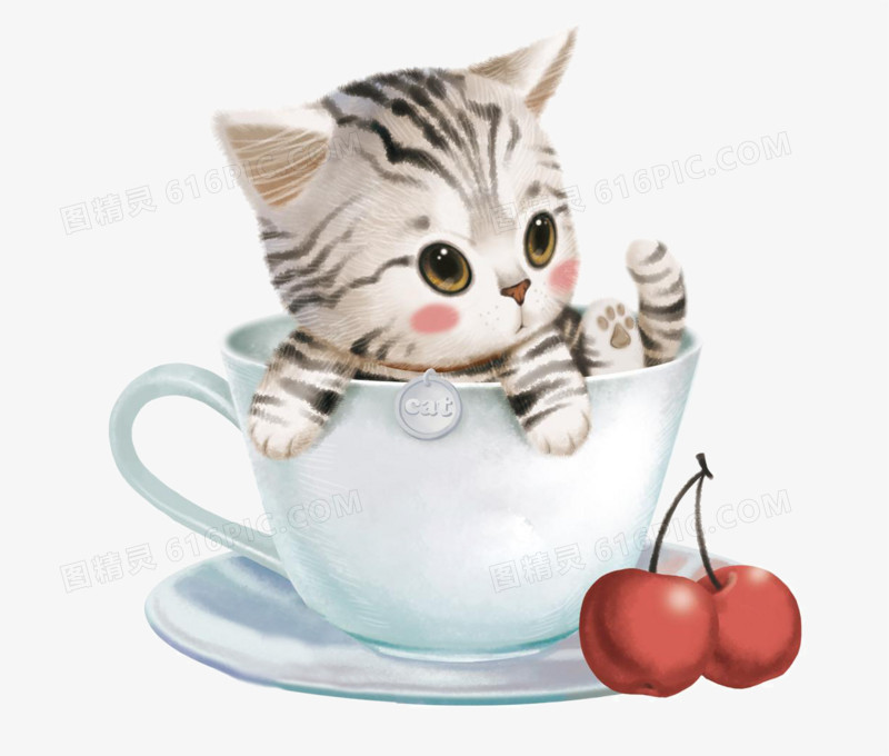 小清新 唯美 手绘 凳子 杯子 小猫