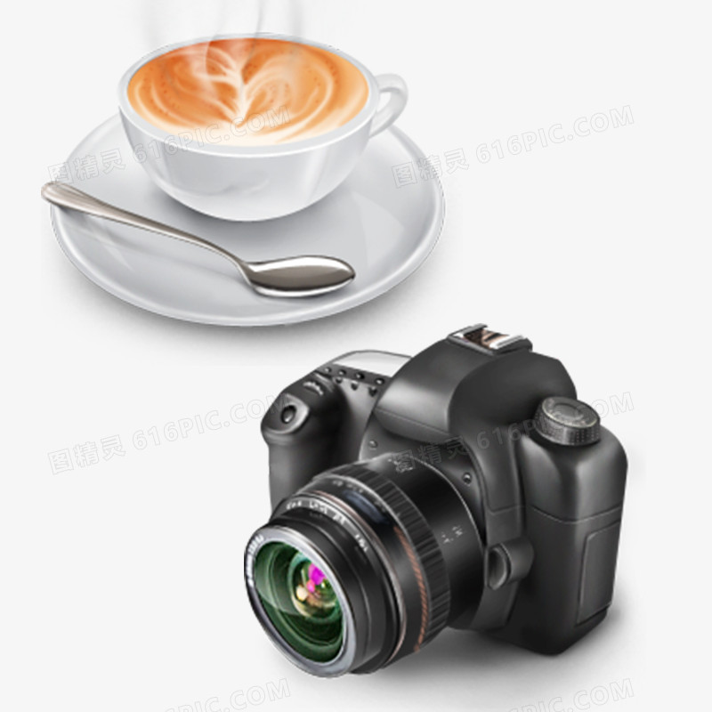 卡通风格咖啡杯子和单反相机