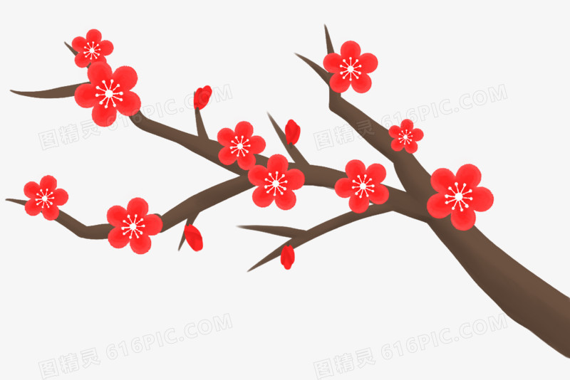 手绘红色梅花树枝元素