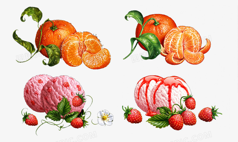 手绘橘子和草莓冰激凌球