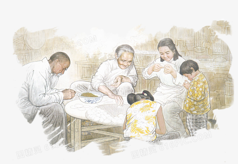 手绘一家人包饺子