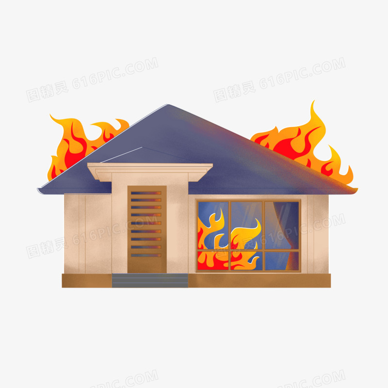 卡通手绘房子失火素材