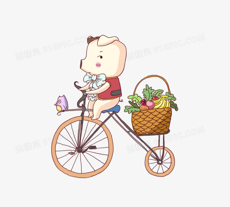 手绘卡通小猪骑自行车
