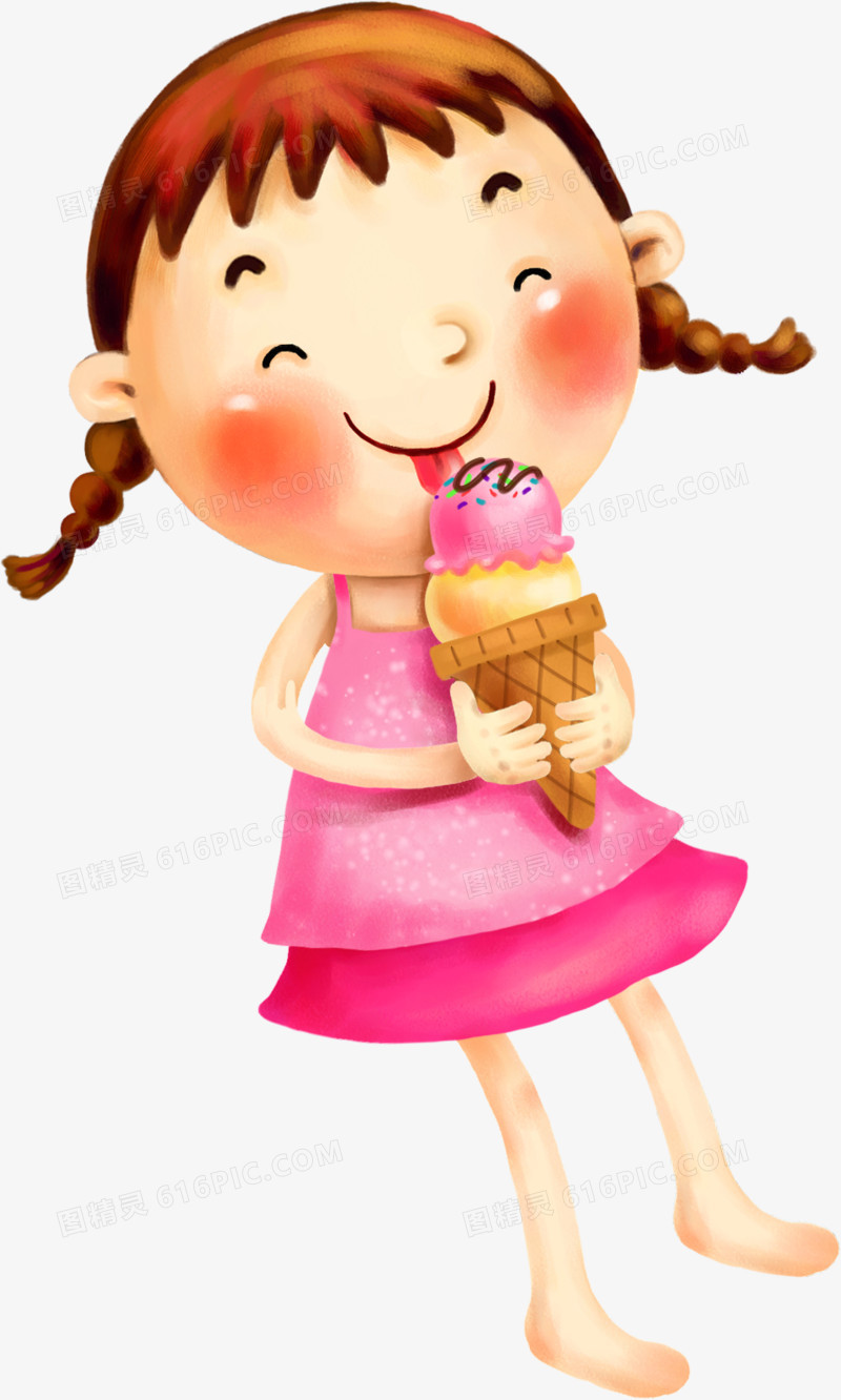 手绘卡通爱吃冰激凌的小女孩