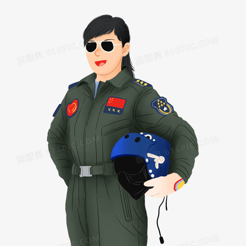 手绘插画风空军女飞行员形象元素