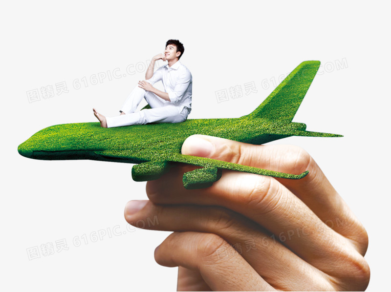 创意合成绿色植物飞机手势动作