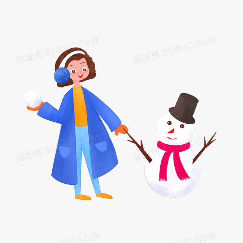 卡通手绘冬天女孩堆雪人打雪仗元素