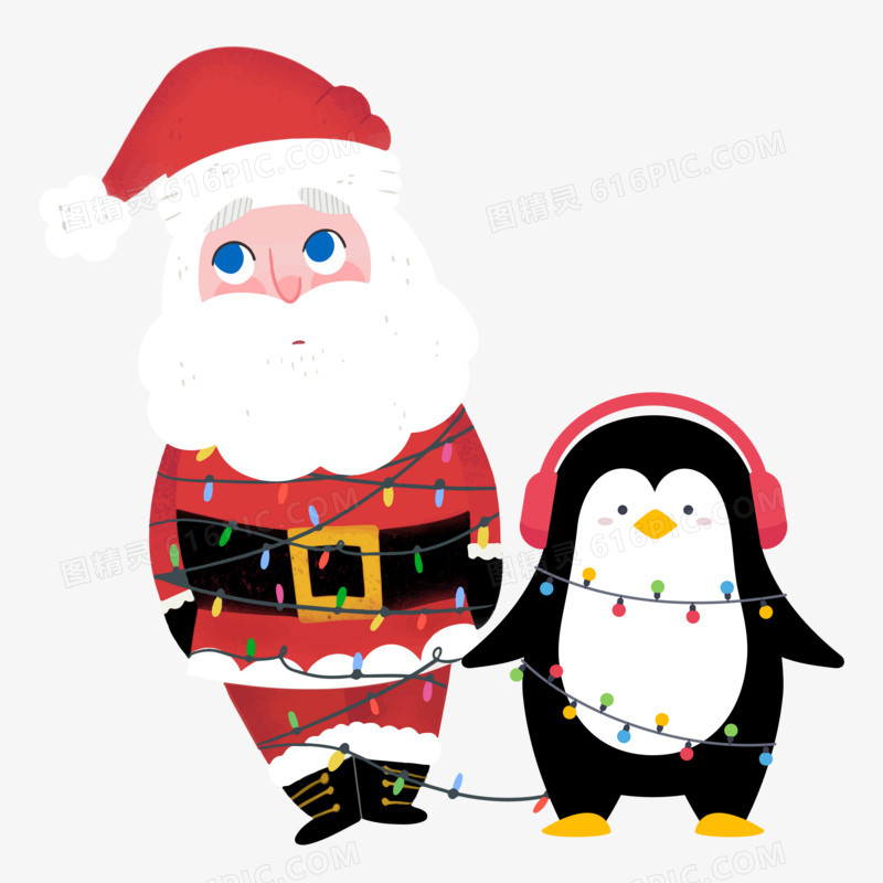手绘卡通圣诞老人和企鹅被灯泡缠住创意素材