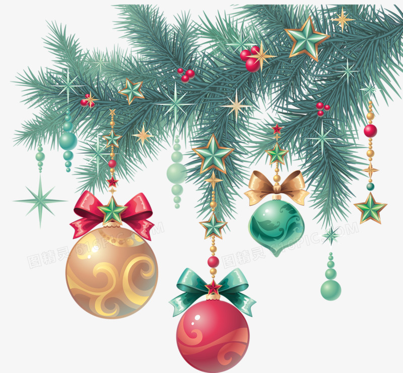 创意手绘合成圣诞节元素彩球松树五角星