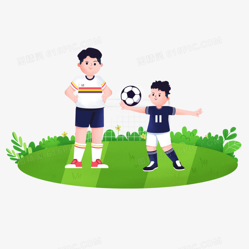 手绘卡通父亲和儿子踢足球素材