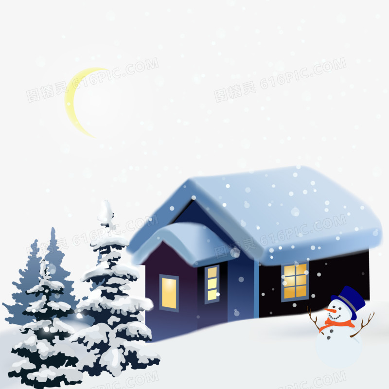 手绘卡通落雪的房屋素材
