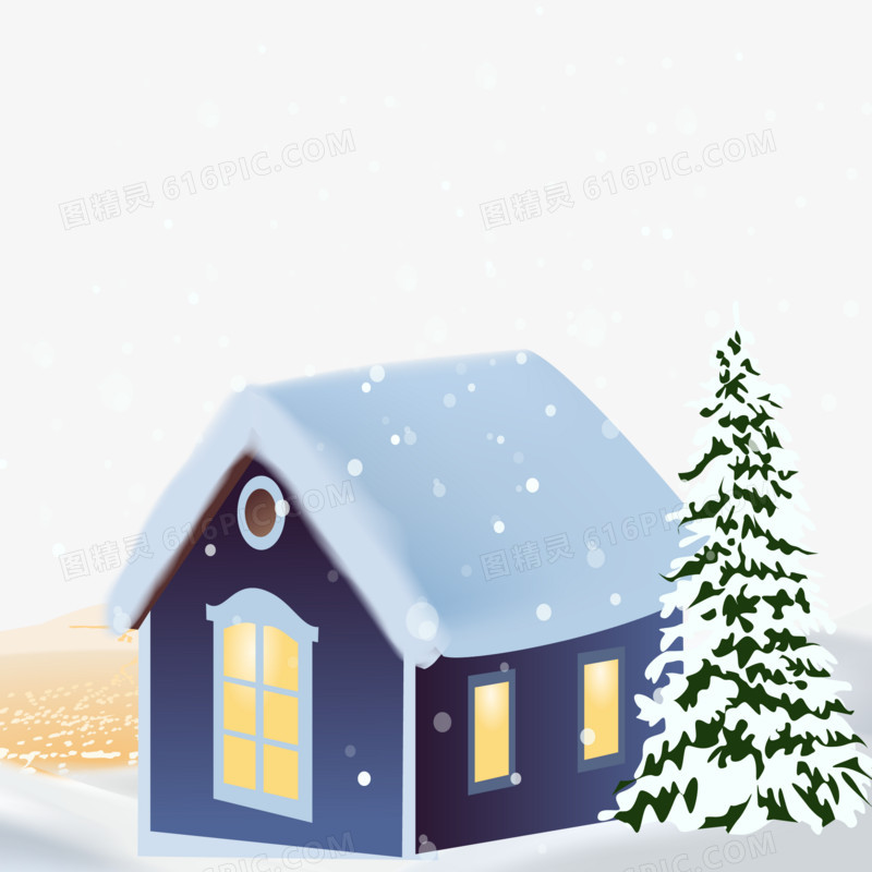 手绘下雪天落雪的房屋素材