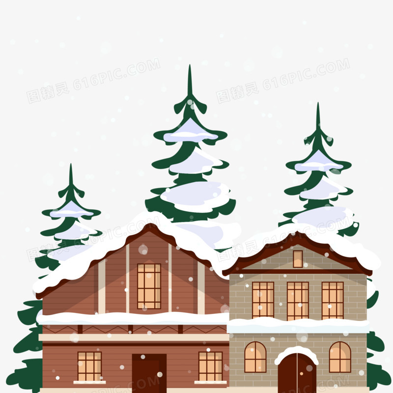手绘卡通下雪天积雪的房屋素材