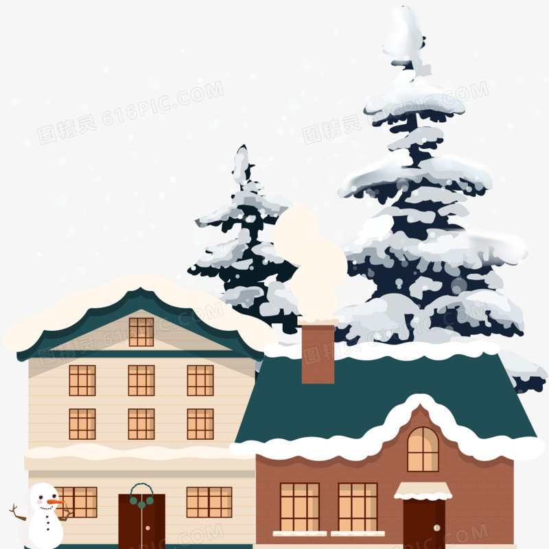 手绘卡通大雪天落雪的建筑素材