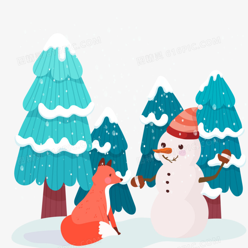 手绘卡通下雪天小动物雪人雪景素材