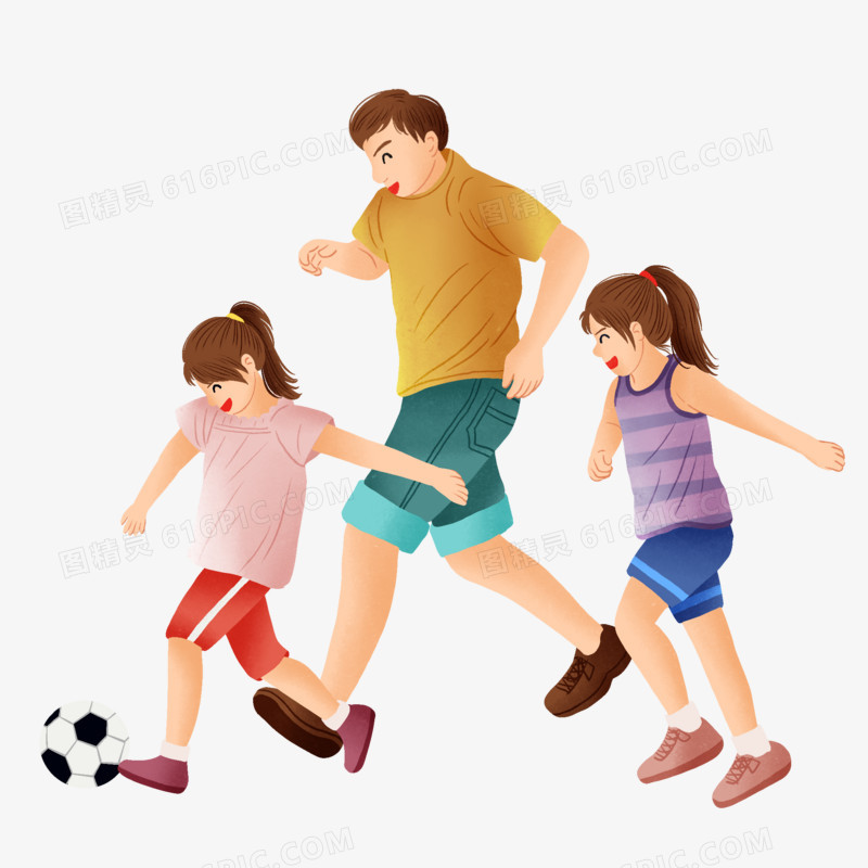 手绘插画风大人带小孩踢足球元素
