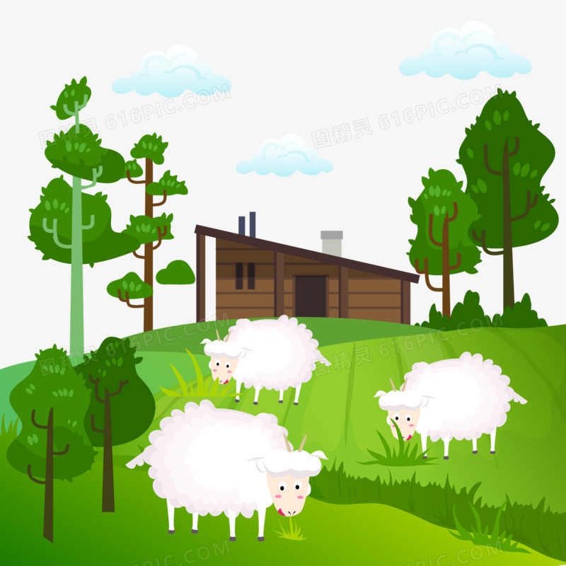 手绘卡通草地上小羊吃草素材