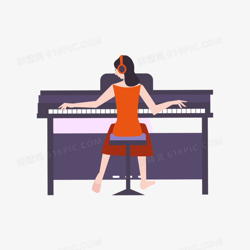 卡通手绘矢量弹钢琴的女孩素材
