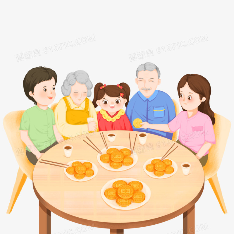手绘中秋节全家一起吃月饼素材