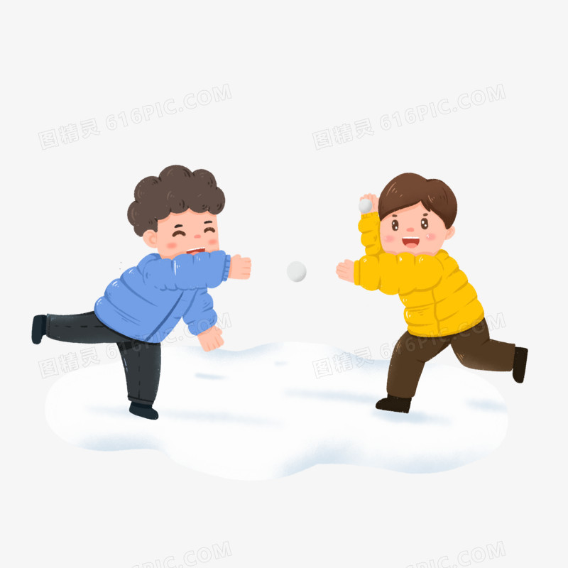 手绘两个男孩雪地打雪仗免抠元素
