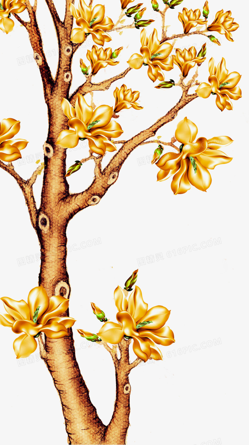 创意手绘合成金色质感掉的树木花朵