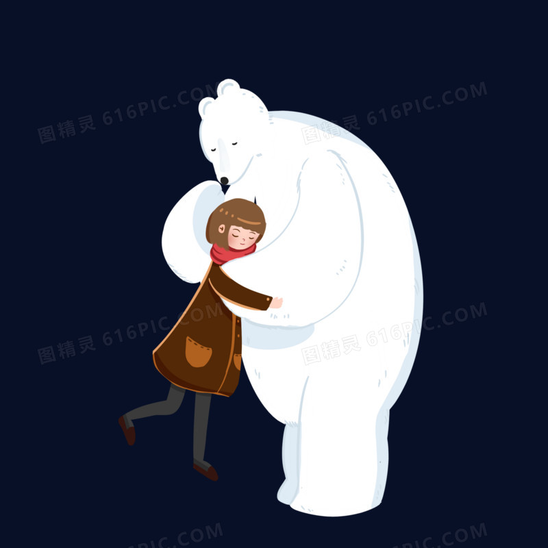 卡通手绘女孩拥抱北极熊素材